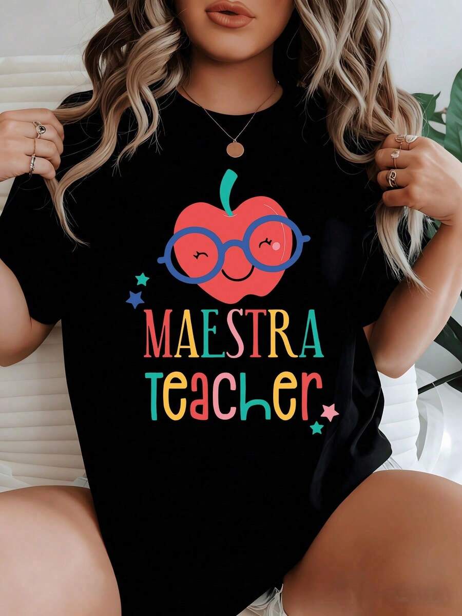 Stylish Everyday Outfits: A Cute Smiling Apple With Glasses, Inspired By Joyful Learning And Gratitude Towards Teachers, Brings Warmth And Positivity To Everyday Wardrobes. - 黑色 - 查看 1