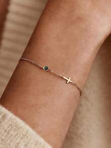1pc Personalized Name Cross Bracelet With Birthstone, Delicate Gold Cross Bracelet, Mother's Day Gift, Customized Name Bracelet, Easter Gift, Personalized Gift, Customized Gift, Gift For Loved Ones, Gift For Partners, Personalized Birthday Flower, Anniversary Gift - Multicolor - View 13