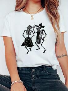 Camiseta de verano casual para adultos con diseño de esqueletos de caricatura, tela de punto de poliéster, cuello redondo, elasticidad, unisex - Top temático del Día de Muertos - [Blanco] - Ver 1