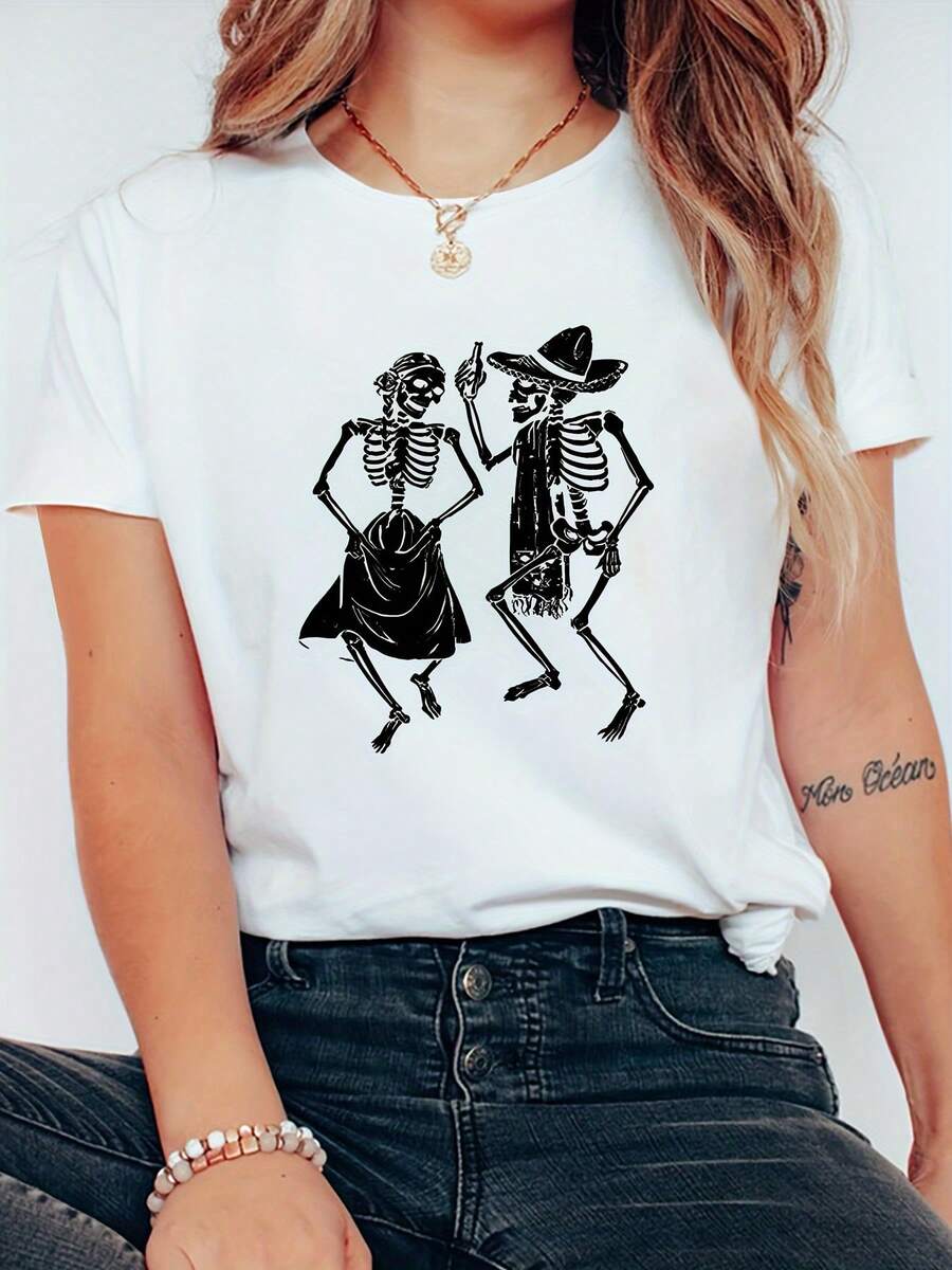 Camiseta de verano casual para adultos con diseño de esqueletos de caricatura, tela de punto de poliéster, cuello redondo, elasticidad, unisex - Top temático del Día de Muertos - [Blanco] - Ver 1