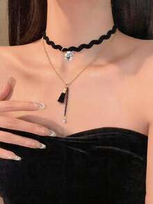 1pc Women's Fashion Vintage Personalized Wave Rope Gold-Plated Chain Rhinestone Double Layer Necklace Choker - Multicolor - View 4