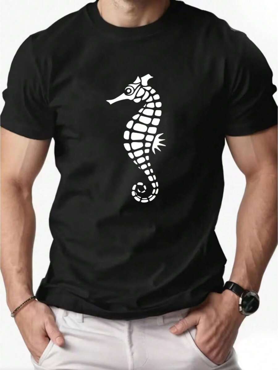 Playera Hombre Verano con Estampado de Caballito de Mar (Seahorse), Cuello Redondo, Manga Corta – Camiseta Casual para Looks Playeros y Naturaleza - Negro - Ver 1