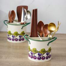 1pc Floral Print Enamel Utensil Holder, Divided Kitchen Cutlery Storage Bucket With Handle, Countertop Organizer For Chopsticks, Spoons & Forks, Vintage Farmhouse Style Kitchen Decor - Multicolor - View 10