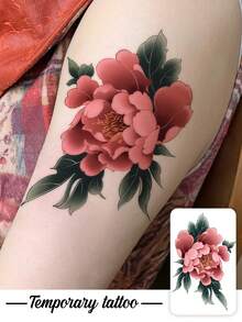 1pc New Chinese-Style Retro Pink Peony Pattern Temporary Tattoo Sticker, With Realistic Tattoo Design. Suitable For Travel, Music Festivals, Games, Graduation Gifts. Lasts For 3-5 Days. - Multicolor - View 1