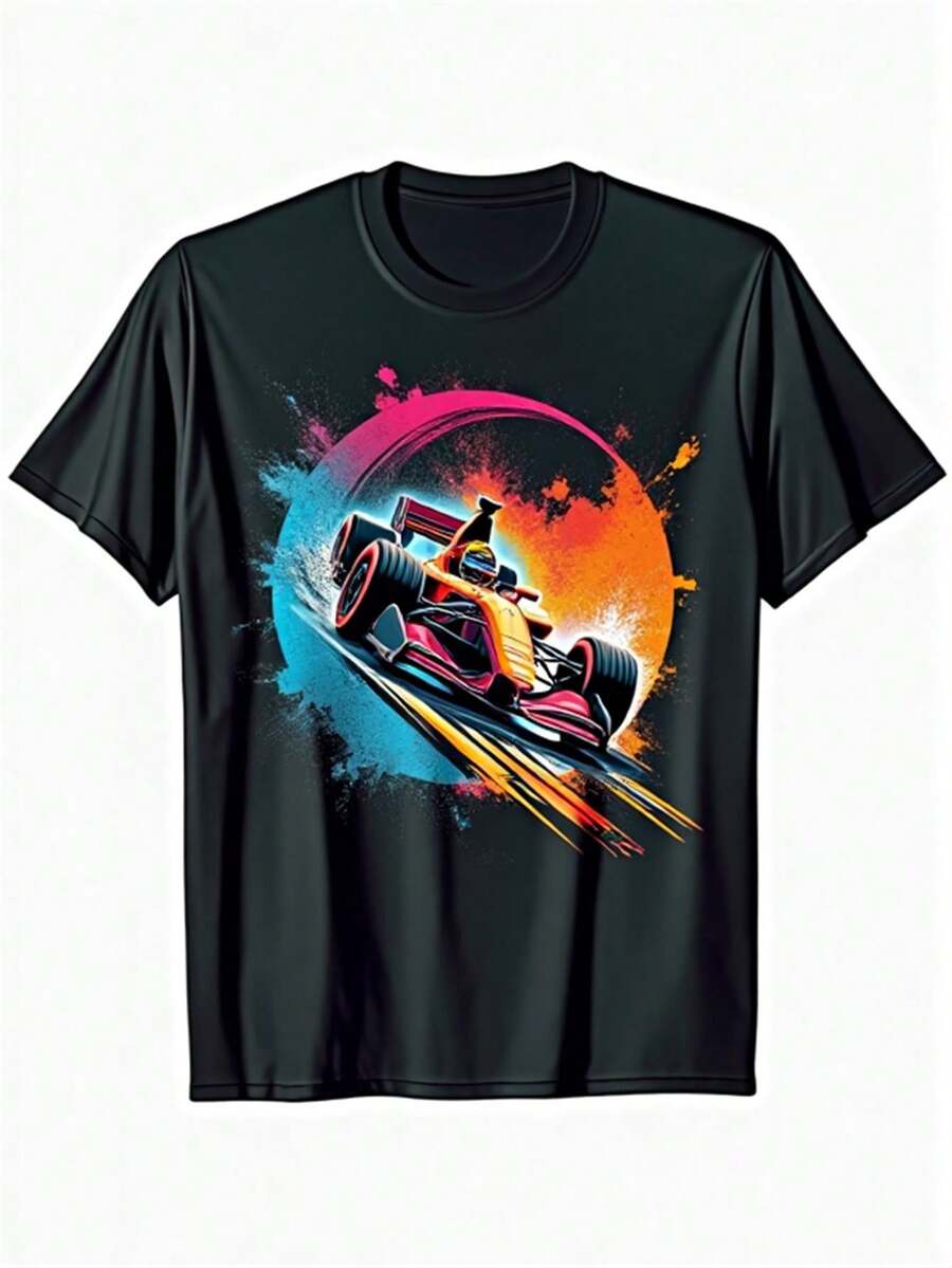 Men's Vintage Racing Car T Shirt - Retro Open-Style Car Racing And Track Pattern T Shirt,Breathable Round-Neck Short-Sleeve Shirt,Suitable For Track Day Events,Racing Sportswear,Suitable For Drivers,Machinist,Casual Wear,Durable Fabric,With Racing Motifs. - 黑色 - 查看 1