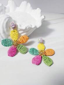 imoli 1 Pair/Fashion Bohemian Color Vacation Gradient Multicolor Handmade Raffia Flower Five-Petal Earrings Suitable For Women's Summer Beach Party Jewelry Gift - Multicolor - View 8
