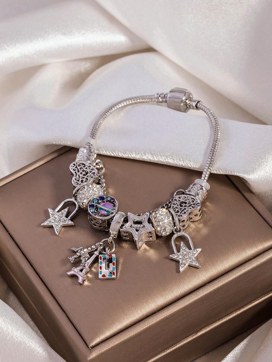 1pc Multi- Heart Flower Star Airplane Beaded Bracelet For Women, Fashion Star Pendant Bracelet - Style 2 - View 1