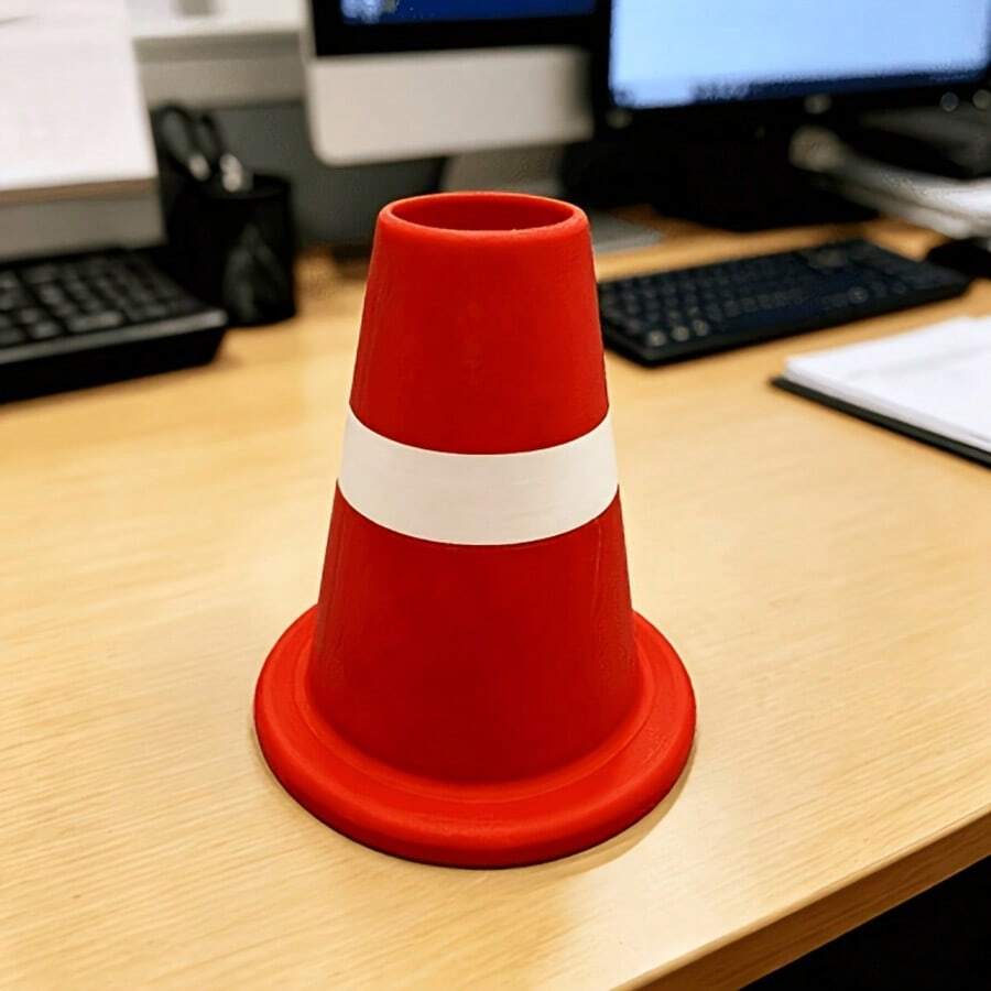 Soporte para bolígrafos con forma de cono de tráfico & Organizador de escritorio - Taza para bolígrafos con tema de construcción compacta y ligera, adecuada para oficina, escuela, habitación de niños, espacio personal - Regalo divertido, perfecto para hombres, trabajadores de la construcción, decoración de escritorio en espacios pequeños - Portalápices con forma de cono de tráfico - Ver 1