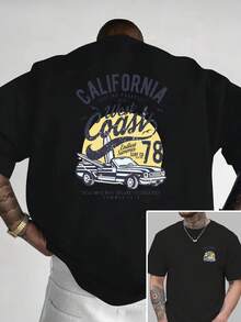 Camiseta de Cuello Redondo para Hombre con Estampado de Surf de California y Coche Clásico, Estilo Casual, Deportivo, a la Moda, Holgada, de Manga Corta para Estudiantes y Adolescentes. - Negro - Ver 1