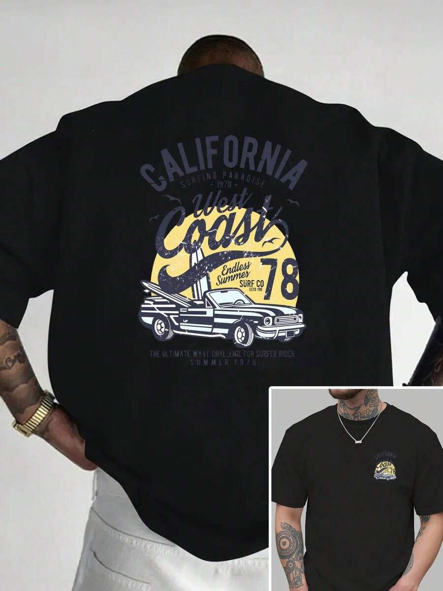 Camiseta de Cuello Redondo para Hombre con Estampado de Surf de California y Coche Clásico, Estilo Casual, Deportivo, a la Moda, Holgada, de Manga Corta para Estudiantes y Adolescentes. - Negro - Ver 1