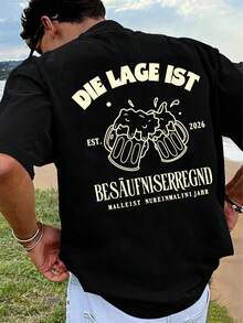 Cotton T-Shirt With Beer And Majorca Print, Minimalist Style. Loose And Comfortable For Summer, Outings And Holidays. - 黑色 - 查看 1