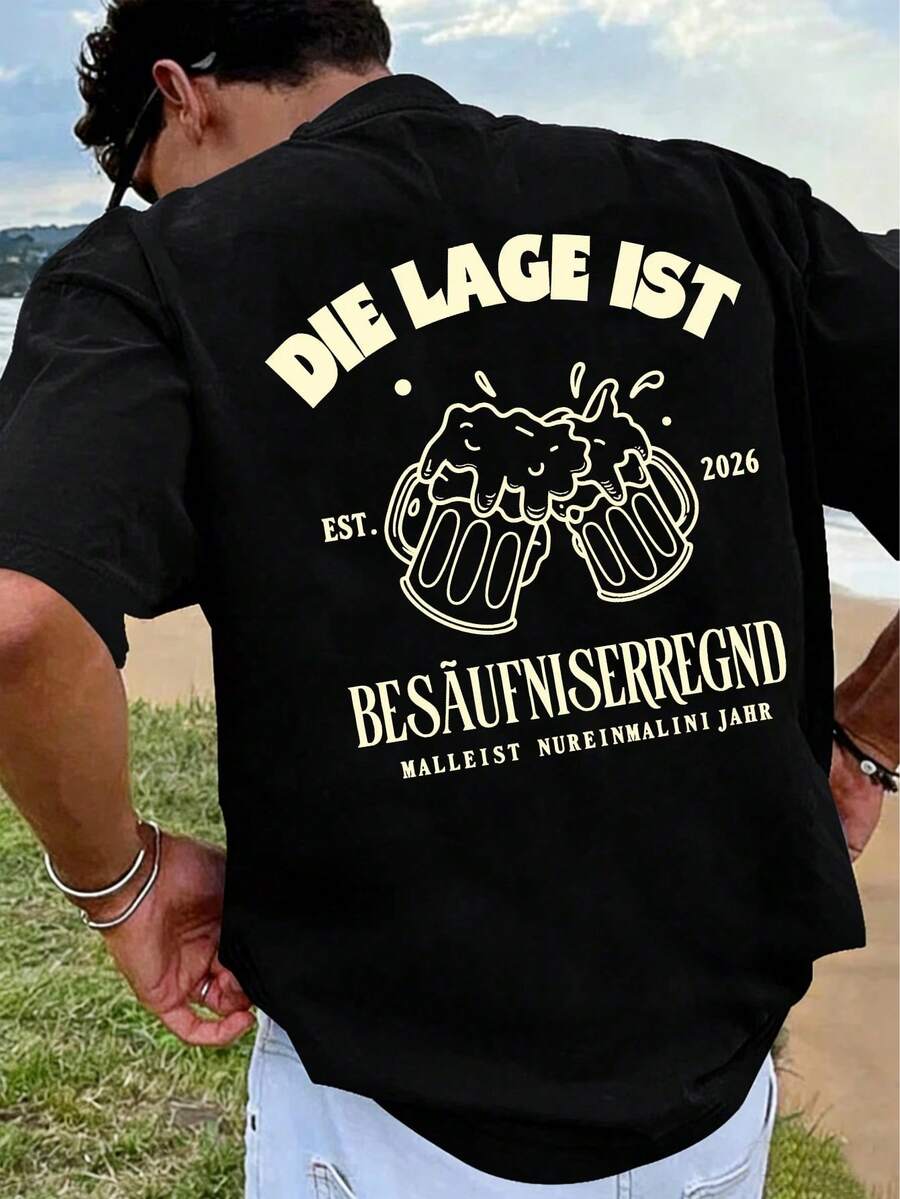 Cotton T-Shirt With Beer And Majorca Print, Minimalist Style. Loose And Comfortable For Summer, Outings And Holidays. - 黑色 - 查看 1