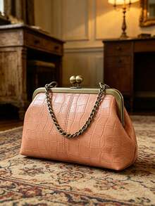Vintage Chain Decor Shoulder Crossbody Bag Solid Color Handbag Women's Evening Bag Suitable For Work, Travel, Dating, Shopping - Pink - View 3