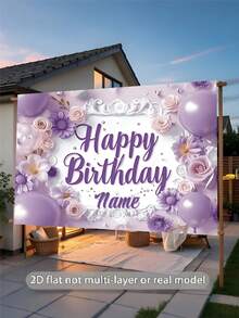 Pancarta personalizable "Feliz Cumpleaños", tema floral púrpura, decorada con rosas rosa claro y púrpura, margaritas, globos púrpuras y acentos florales blancos, creando una atmósfera suave y soñadora, adecuada para fiestas de cumpleaños, niñas - Tipo C - Ver 5
