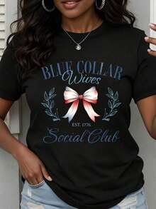 Camiseta de manga corta con estampado gráfico de moda para mujer, suave y básica para el verano. Camiseta de cuello redondo para mujer, Blue Collar Wives Social Club Est 1776, con estampado - Negro - Ver 1