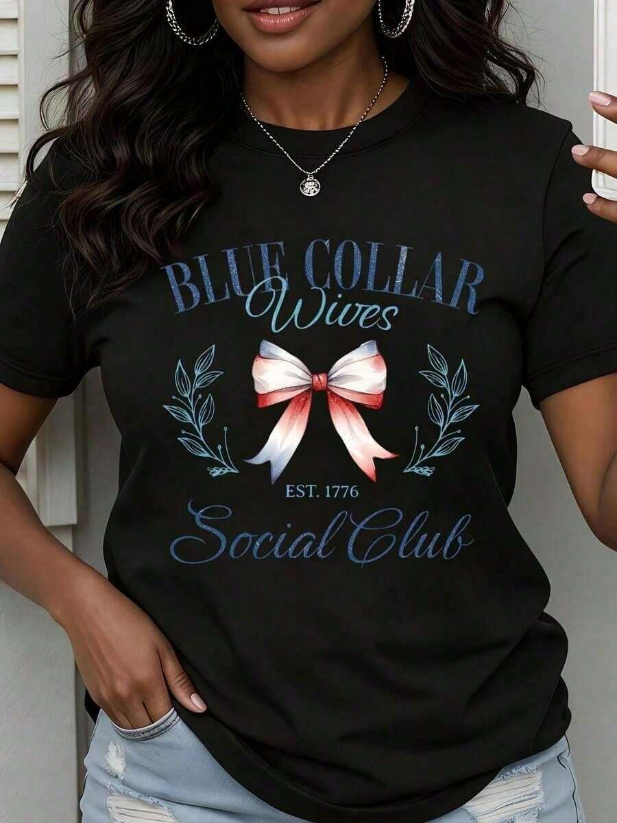 Camiseta de manga corta con estampado gráfico de moda para mujer, suave y básica para el verano. Camiseta de cuello redondo para mujer, Blue Collar Wives Social Club Est 1776, con estampado - Negro - Ver 1