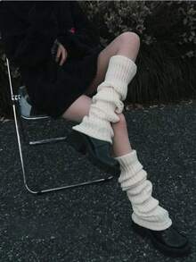 1雙女款純色直條紋保暖裝飾可愛腿套，適合春、秋、冬季 - 彩色 - 查看 3