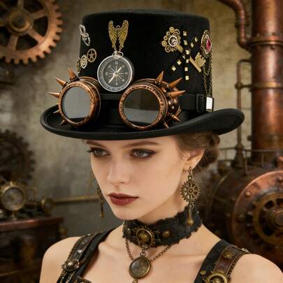 Steam Punk Top Hat With Glasses Belt Decorative Gear Compass Costume Caps For Halloween Cosplay Party Stage