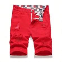 Shorts en jean délavé et effiloché pour hommes - Rouge - Voir 1