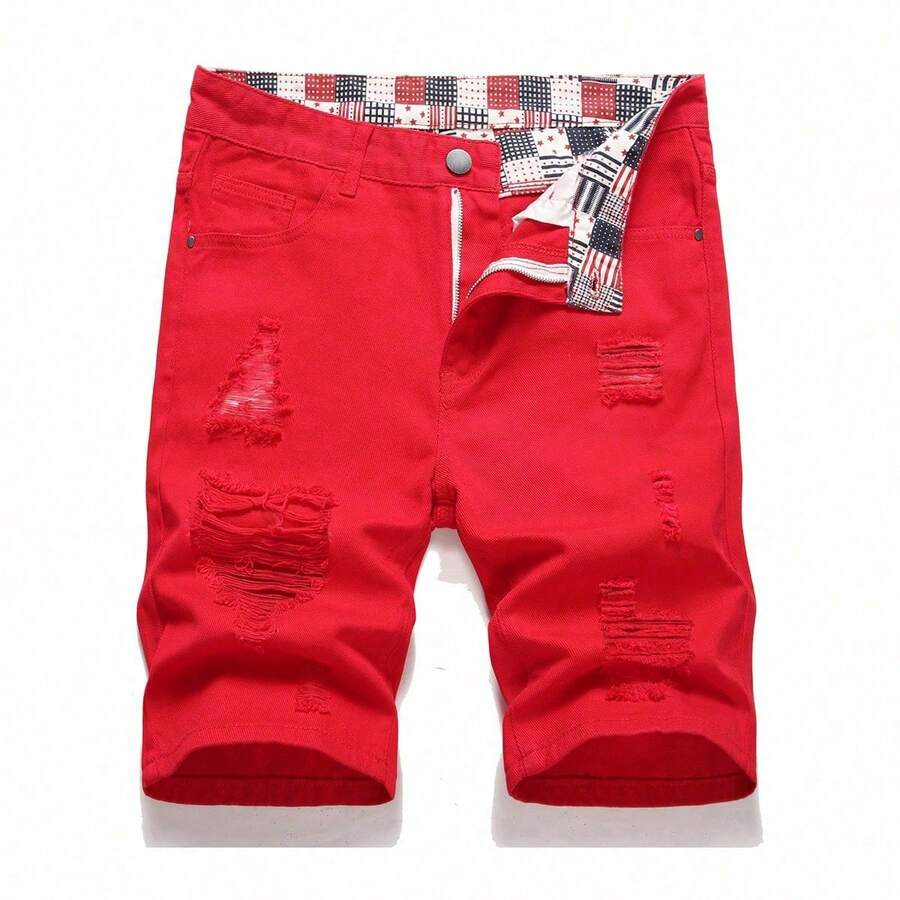 Shorts en jean délavé et effiloché pour hommes - Rouge - Voir 1