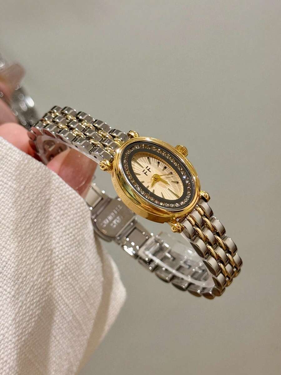 1件金色橢圓形女款石英手錶,優雅時尚,適合日常配戴,生日/畢業禮物,休閒聚會 - 銀間金 - 查看 1