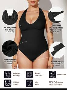 1pc Plus Size Women's Seamless Tummy Control Shapewear, 2 Ways To Wear, Detachable Straps, One-Piece Thong Bikini Style, Strapless Bandeau Bodysuit - Black - View 8
