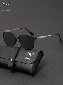 Gafas de sol polarizadas de marco cuadrado de la marca SY SI YANG para hombres & mujeres, gafas de sol con marco negro y patillas de metal, artículo de moda de estilo callejero personalizado, gafas de protección solar casuales de moda para conducir y uso al aire libre. Incluye bolsa de almacenamiento para gafas y paño de limpieza - A - Ver 4