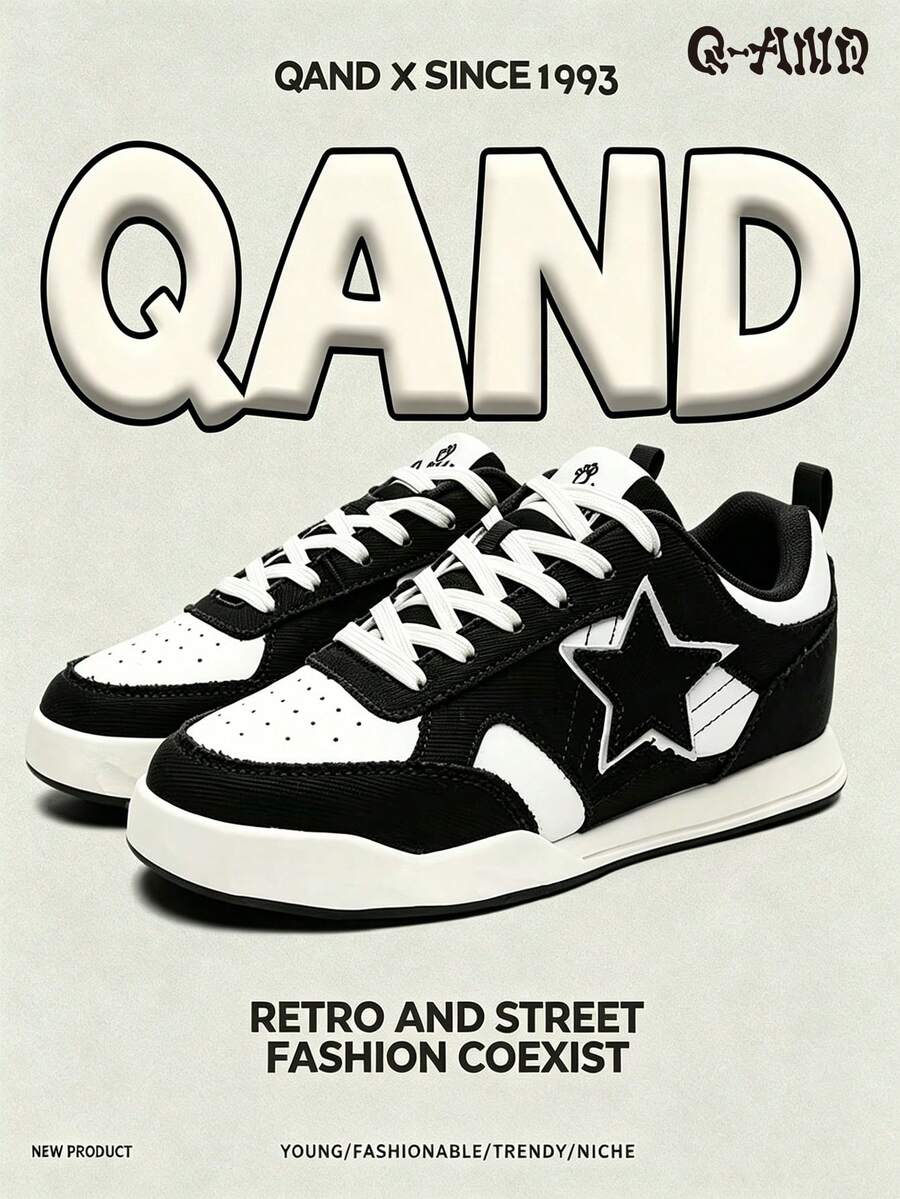 Q-AND Tênis Esportivo de Skate Plano com Patchwork de Lona em Contraste Preto e Branco para Homens 2026 Novo Decoração de Estrela Cano Baixo com Cadarço Clássico Versátil Tênis Esportivo Casual, Design Original para Uso Diário, Estilo Único - Preto e Branco - Visão 1