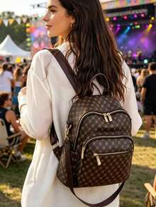 Large Capacity Backpack For Women, Classic Solid Color Handbag For Ladies - Brown - View 7
