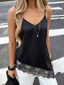 Elegant Fashion Lace Patchwork Adjustable Strap Asymmetric Women's Camisole, New Arrival Spring/Summer - Black - View 1