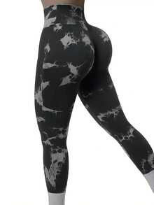 Pantalones de yoga de fitness elásticos con cintura alta y trasero de melocotón sin costuras Tie-Dye para mujer - Gris negro - Ver 10