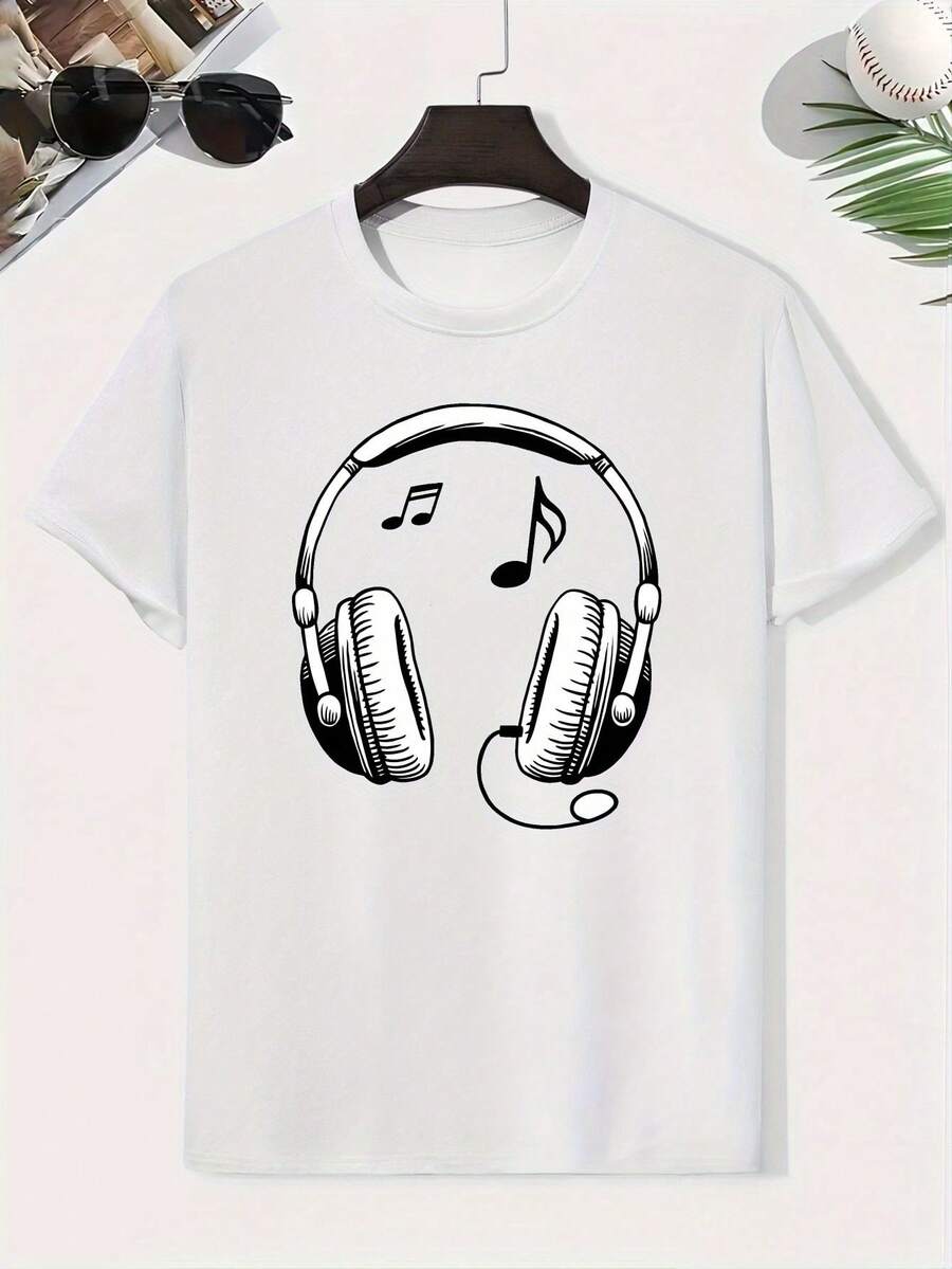 Kids' Cotton T-Shirt With Headphone Theme - Headphone And Letter Print, Lightweight Short Sleeve Summer Shirt, Crew Neck, Comfortable Clothing For Playing And Outdoor Activities - 白色 - 查看 1