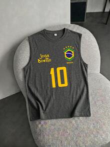YUNTUO Men's American Street Style Brazilian Football Inspired Printed Breathable Casual Sleeveless Tank Top, Versatile Streetwear, Youthful Minimalist Campus Retro Textured Elegant Personalized Sports - Dark Grey - View 4