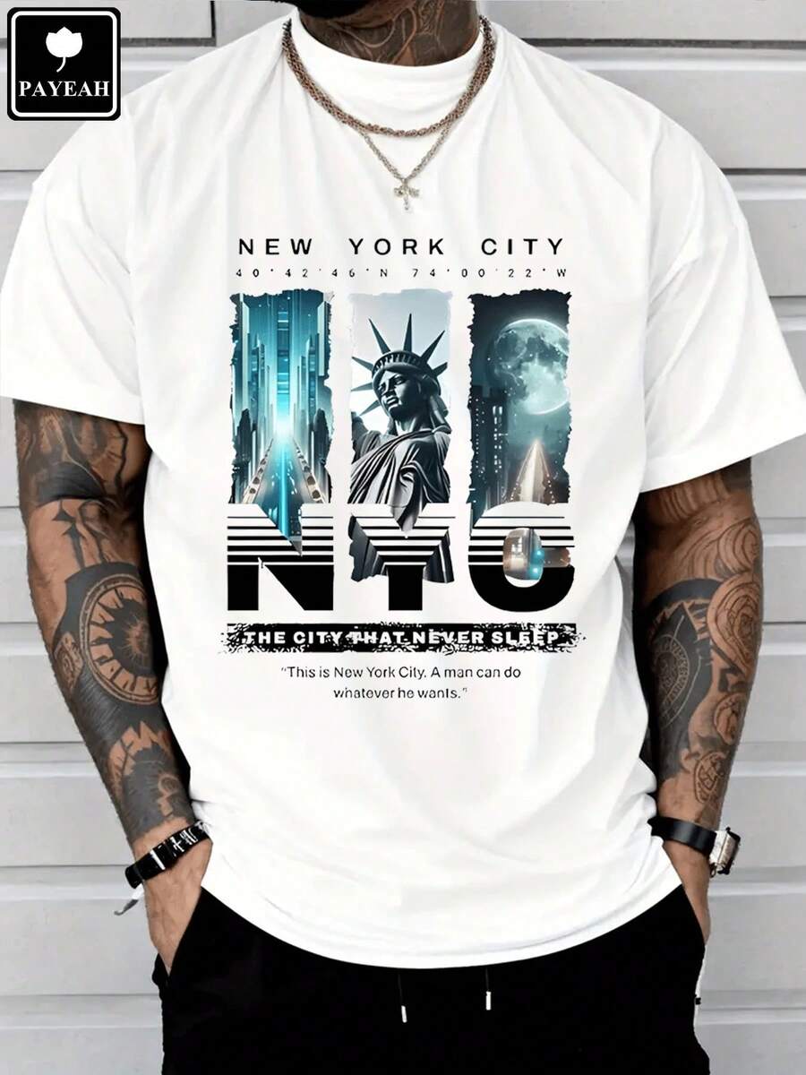 Camiseta ClassicPAYEAH con Estampado Gráfico New York Freedom,% Algodón Grueso, Camiseta de Verano - Blanco - Ver 1