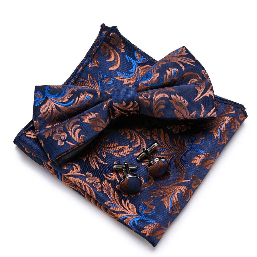 Gold Vintage Floral Design Men's Bow Tie, Pocket Square & Cufflinks 3-Piece Set, Perfect For Tuxedo And Formal Wear, Suitable For Formal Dinner, Wedding - Color Mixing - View 1