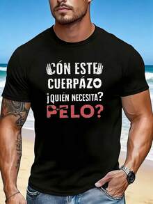 Camiseta de manga corta con cuello redondo para hombre, con estampado de letras en español, moderna, casual, cómoda, versátil, adecuada para todas las estaciones, corte regular. - Negro - Ver 1