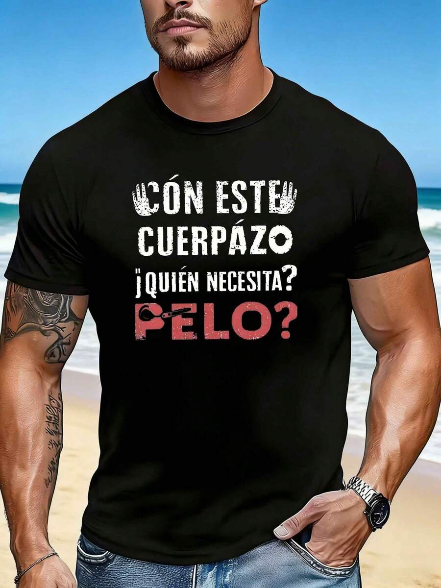 Camiseta de manga corta con cuello redondo para hombre, con estampado de letras en español, moderna, casual, cómoda, versátil, adecuada para todas las estaciones, corte regular. - Negro - Ver 1