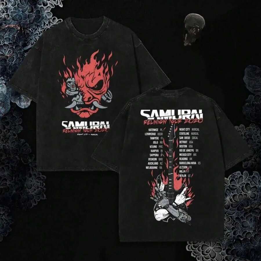 de doble cara, camiseta inspirada en Cyberpunk 2077, camiseta con efecto vintage lavado, ropa urbana de algodón premium, camiseta unisex de banda de rock, regalo para fans, ropa para hombre. - Negro - Ver 1