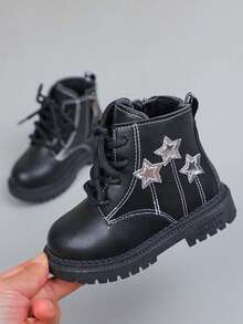 Girls' Star Pattern Thermal-Lined Boots, New Autumn/Winter British Style Soft Sole Anti-Slip Ankle Boots, Baby Toddler Warm Boots With Side Zipper Design For Easy On/Off, Versatile Wear-Resistant For Daily And Outdoor Use - Black - View 6