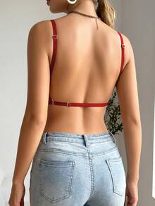 1pc Women's Casual Minimalist Solid Color Deep V-Neck Spaghetti Strap Backless Bra, Comfortable & Suitable For Wedding Dress - Red - View 7