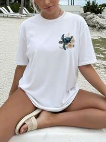 2026 New Arrival Plus Size Women Summer Loose Casual Top, Watercolor Style, Sea Turtle & Floral Print, Round Neck, Short Sleeve White - White - View 2