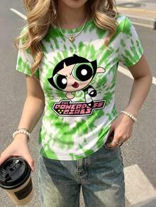 SHEIN X Powerpuff Girls 女款綠色漸層印花圓領上衣，舒適休閒風格，適合夏季日常穿著 - 彩色 - 查看 2