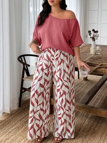 Weeklong Conjunto holgado de blusa asimétrica de hombro sólida y pantalones anchos de pierna ancha con estampado floral para mujer de talla grande - Multicolor 22 - Ver 11