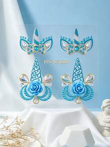 1pc Blue Unicorn Flower Face Rhinestone Sticker, Teardrop Colorful Rhinestone + Flower Style, Waterproof Long-Lasting Brow Center Sticker, Music Festival Party / Sweet Cool Hot Girl Makeup Accent - Multicolor - View 3