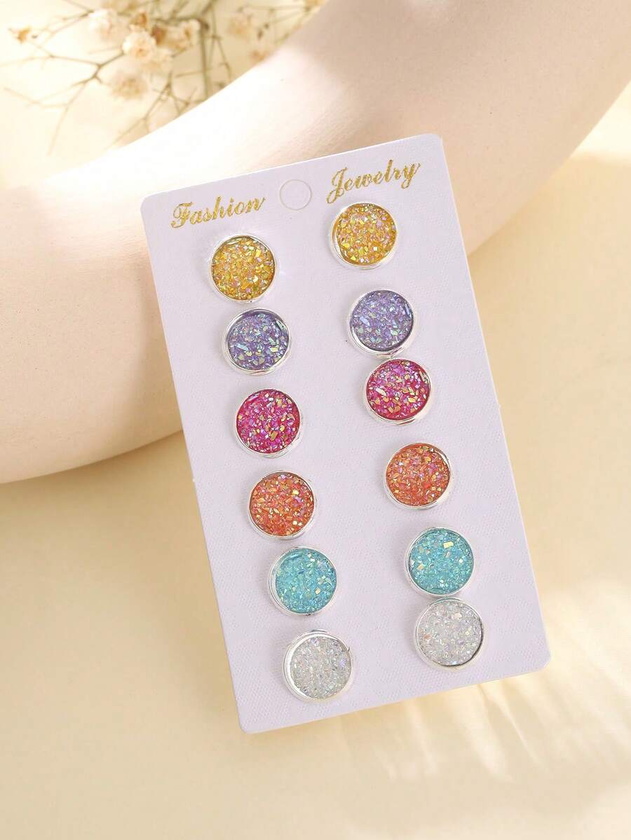 Set Of 6 Pairs Personalized Versatile Metal Colorful Stud Earrings For Women, Commuting And Daily Wear - Combination - View 1