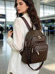 Large Capacity Backpack For Women, Classic Solid Color Handbag For Ladies - Brown - View 2