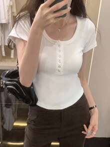 女款正肩短袖優雅法式方領修身灰色上衣，白色休閒夏季法式女孩風 - 白色 - 查看 4