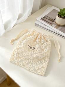 Lace Mesh Drawstring Bags Daisy Embroidered Storage Pouches Lightweight Portable Organizers For Travel Cosmetics Bag Beige Floral Design Makeup Bags - Beige - View 9