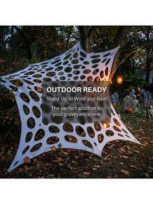 Giant Spider Web Outdoor Decor, Horror Spider Web Decoration, White Hollow Mesh Asymmetrical Hole Shape + Can Be Paired With Realistic Spiders (Spiders Not Included) / Ground Pegs For Fixing + Used For Outdoor Lawn And Porch Scene Arrangement - Multicolor - View 2