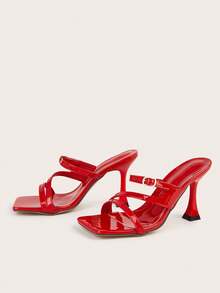 紅色亮面綁帶金屬扣飾細高跟酒杯跟涼鞋，百搭時尚女款高跟鞋，適合日常、宴會、派對 - 紅色 - 查看 4